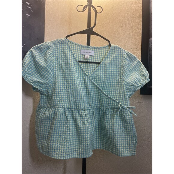Free Assembly Girl's Puff Sleeve Wrap Top Green/Blue Gingham Size M  (7/8) - Picture 1 of 6